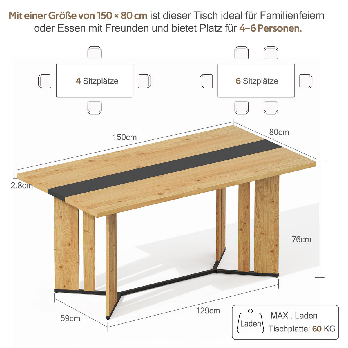 ESSTISCH Holz Eichenoptik mit Metallgestell 150×80 cm Skandinavisch - Sonoma Eiche, Holzwerkstoff (80/150/76cm) - Urban Meuble