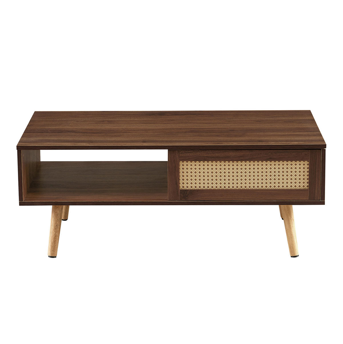 COUCHTISCH 105/55/40 cm in Braun mit Rattan-Schiebetür und Massivholzbeinen - Braun, Holzwerkstoff (105/55/40cm) - Flora Grace