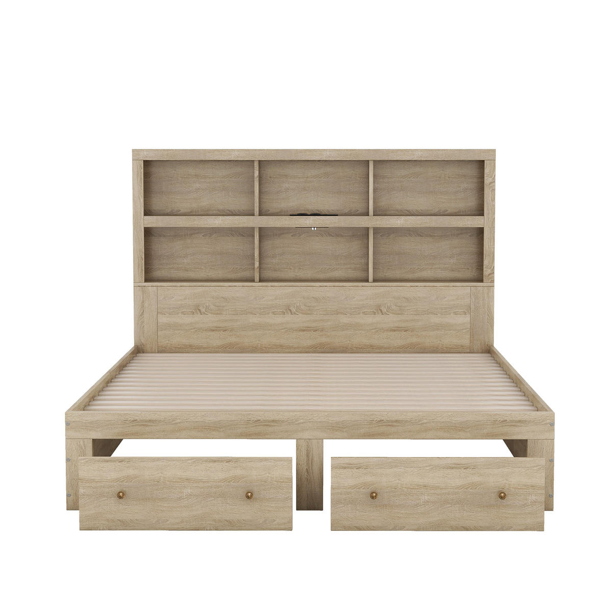 DOPPELBETT 160x200cm Natur Spanplatte 2 Schubladen Kopfteil Stauraum - Naturfarben, Holz (160/200cm) - FLIEKS