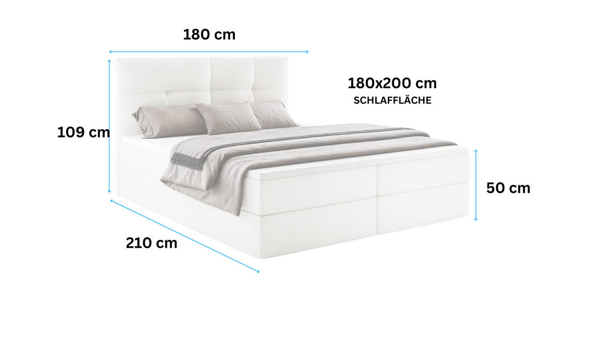 BOXBETT MORENO mit Bettkasten 180x200 cm inkl. Bonell-Federkernmatratze H3 und Topper – Polsterbett Stoff ASTI Creme - Creme, Textil (180/200cm) - Luxkor24