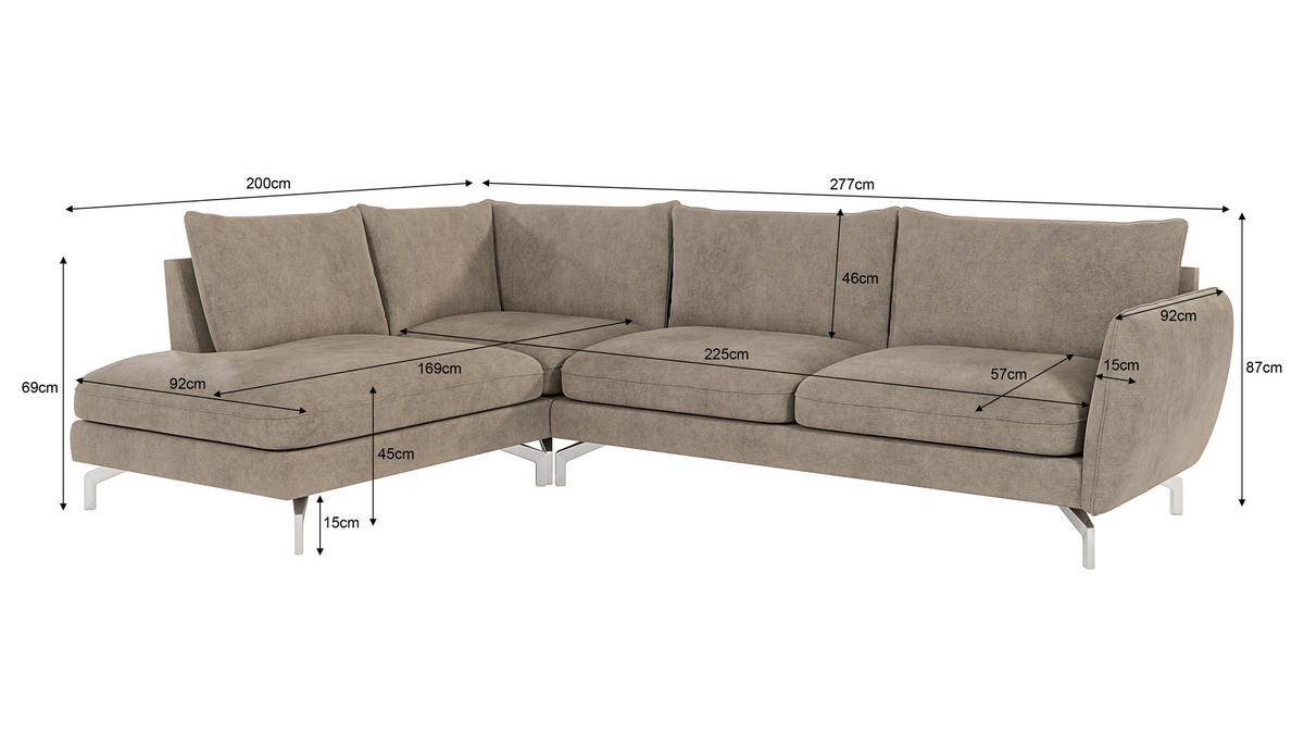 ECKSOFA Elou Dunkelbeige Microfaser - Chromfarben/Beige, Holz/Textil (277/200cm) - S-Style Möbel