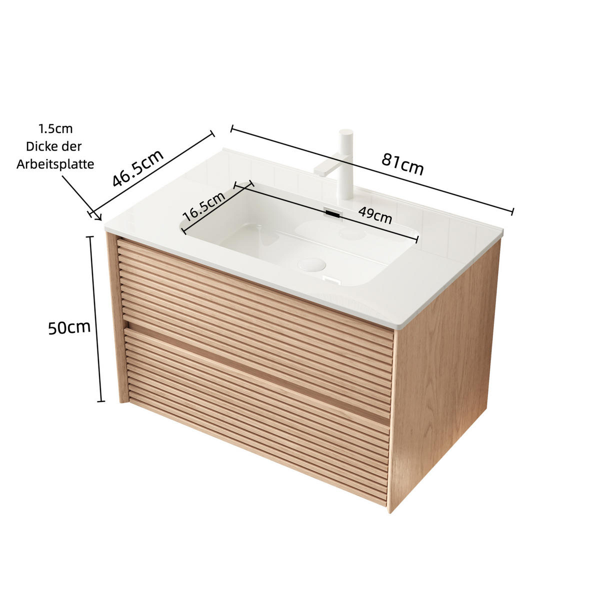 WASCHTISCHKOMBI 81/46,5/50 cm Natur/Weiß aus Keramik und Sperrholz mit 2 Schubladen - Naturfarben, Keramik (81/51.5/46.5cm) - OKWISH