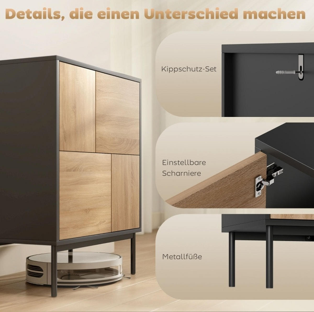 SIDEBOARD mit Push-to-open-Funktion, 4 geschlossenen Fächern und Metallbeinen aus MDF-Holzwerkstoff, Schwarz/Naturholzoptik - Schwarz, Holz (60/78/35cm) - Redom