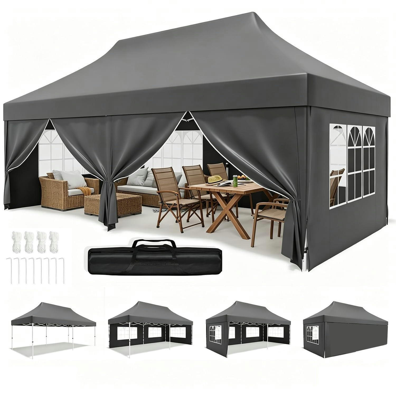 GARTENPAVILLON 3 x 6 m Grau Wasserdicht UV-Schutz 50+ mit 4 Seitenteilen - Grau, Textil (300/265/600cm)