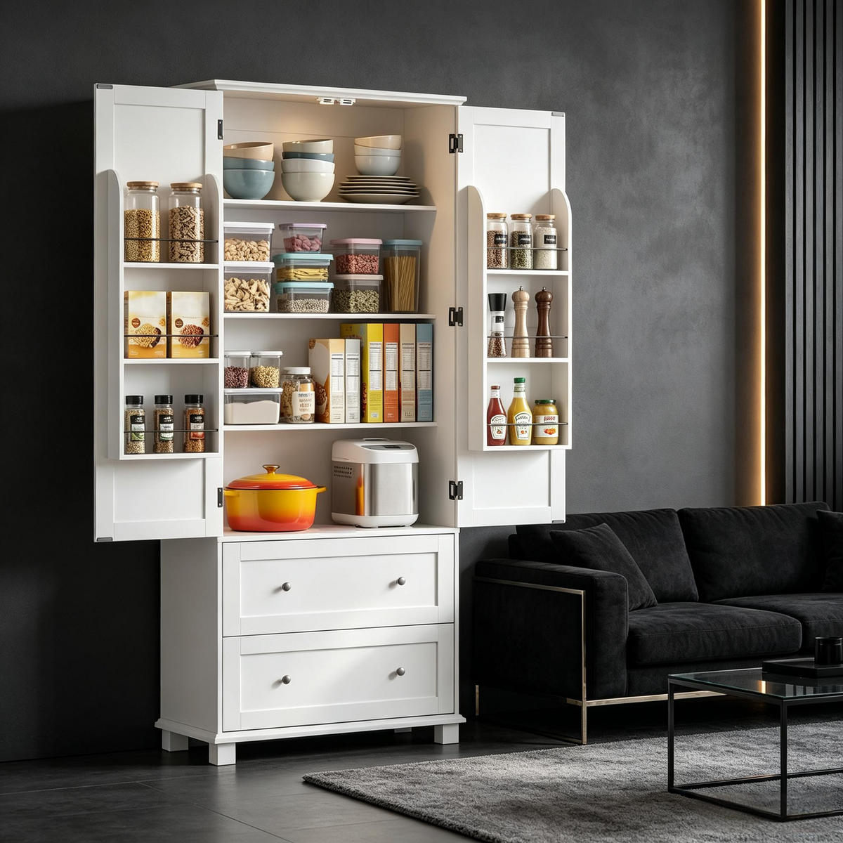 HIGHBOARD DE-38827 80/39,5/184,5 cm 2 Türen und 2 Schubladen Weiß - Weiß, Holzwerkstoff (80/184.5/39.5cm) - ComfortXL