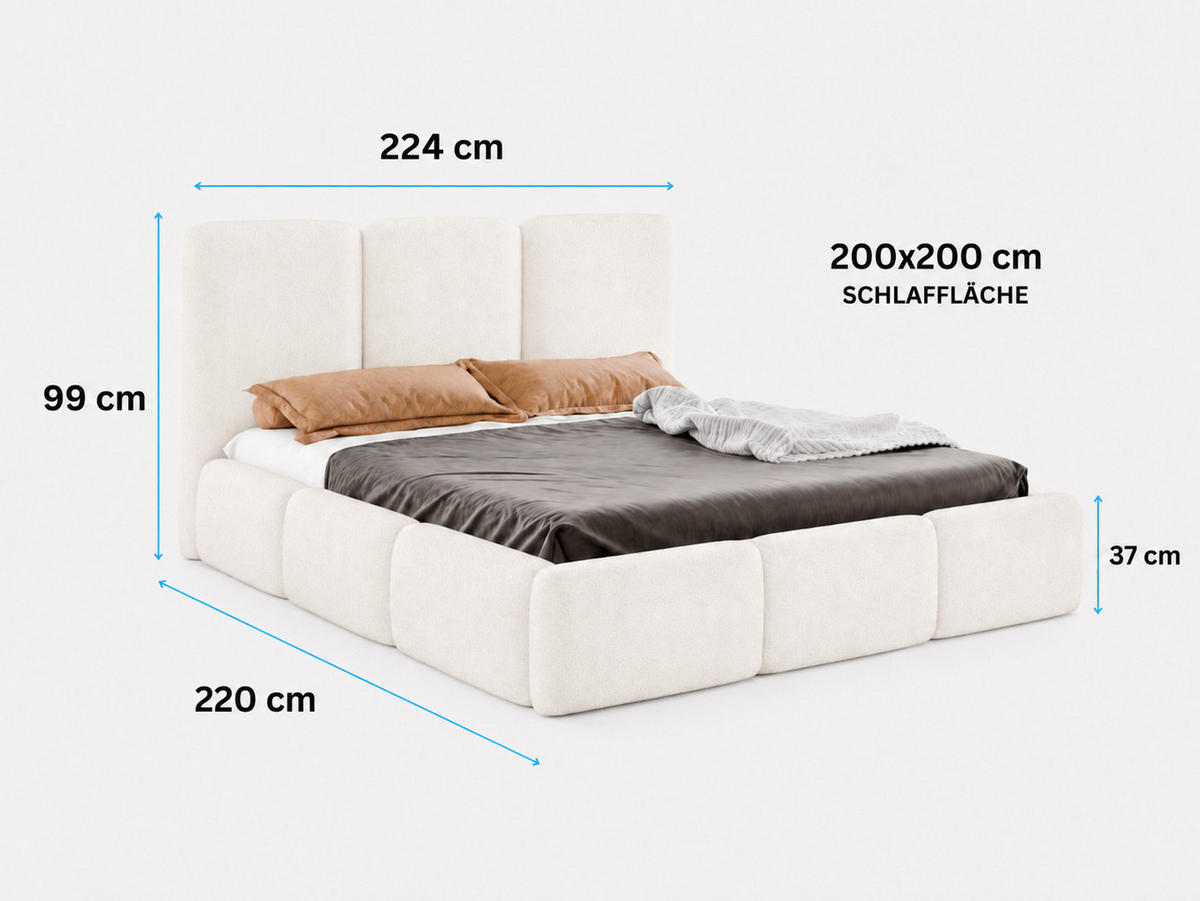 POLSTERBETT VARDO 200x200 cm mit Bettkasten, Stauraum und Metall-Lattenrost – Bouclé Stoff Hellgrau - Hellgrau/Schwarz, Textil/Metall (200/200cm) - Luxkor24