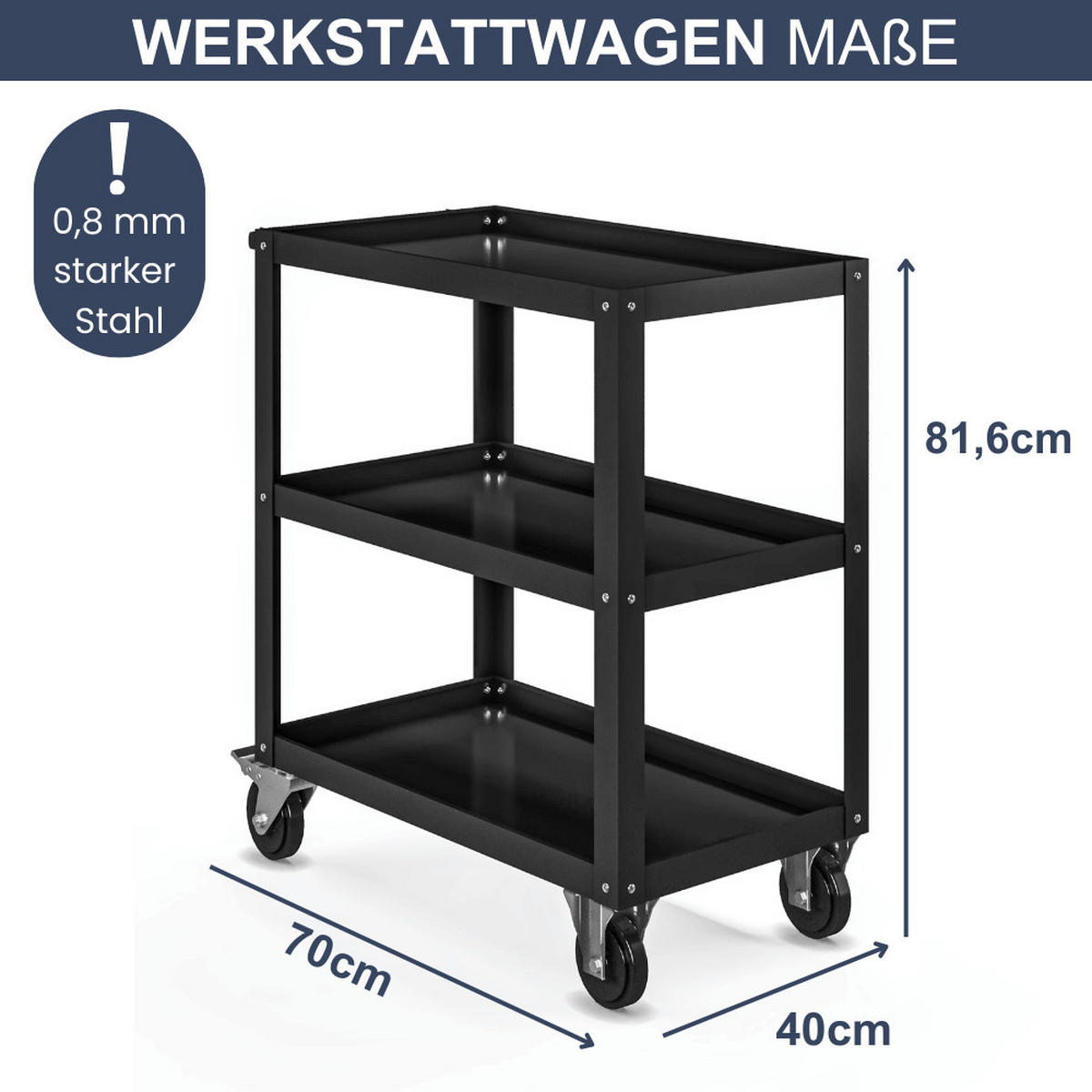 TISCHWAGEN mit Rollen Werkstattwagen AGUS 81,6x70x40cm Schwarz - Schwarz, Metall (70/81.6/40cm) - DELUKE