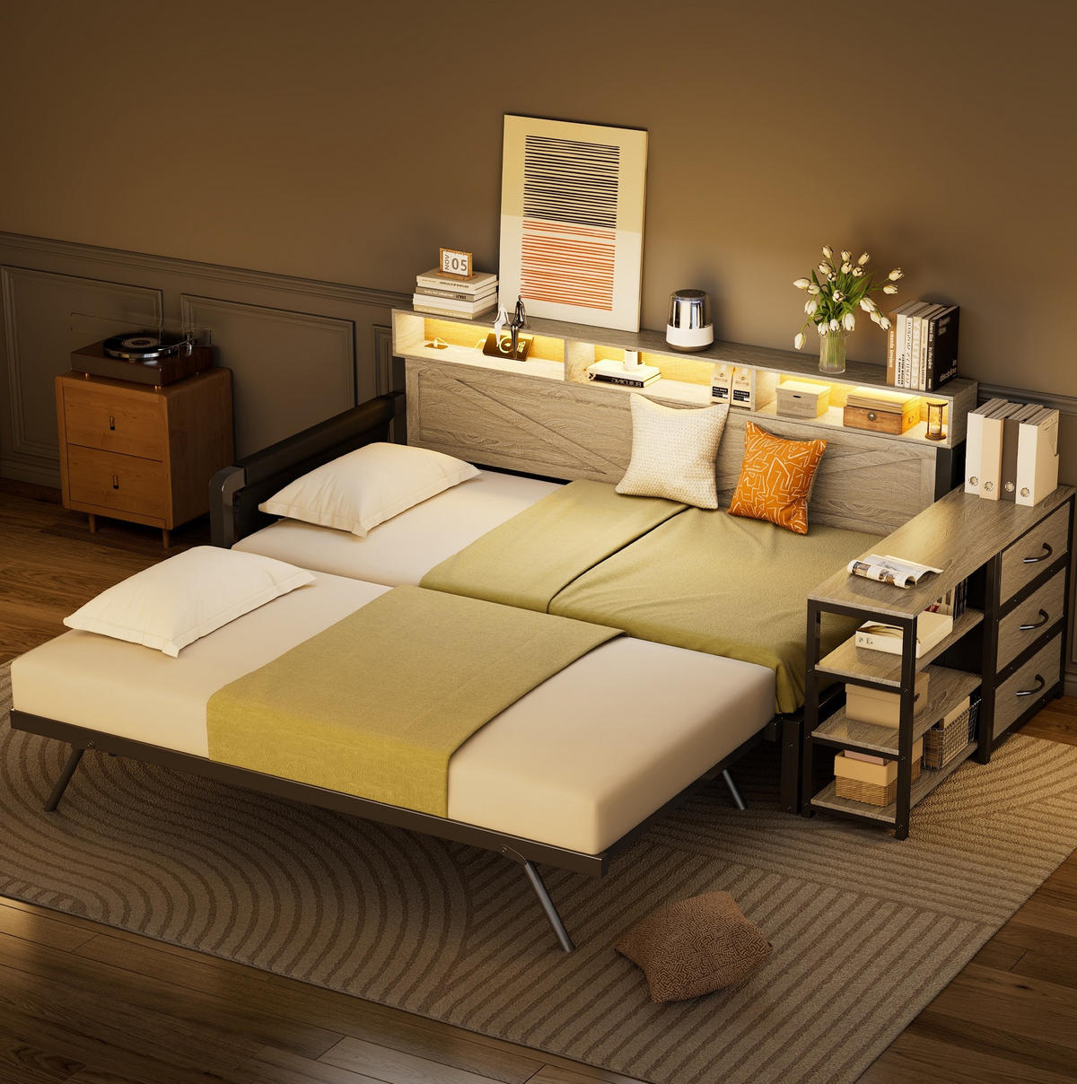 TAGESBETT aus Metall und MDF 90x200 cm Schwarz mit Ausziehbett, LED-Beleuchtung, USB und Stauraum - Schwarz, Holzwerkstoff (90/200cm) - Modfu