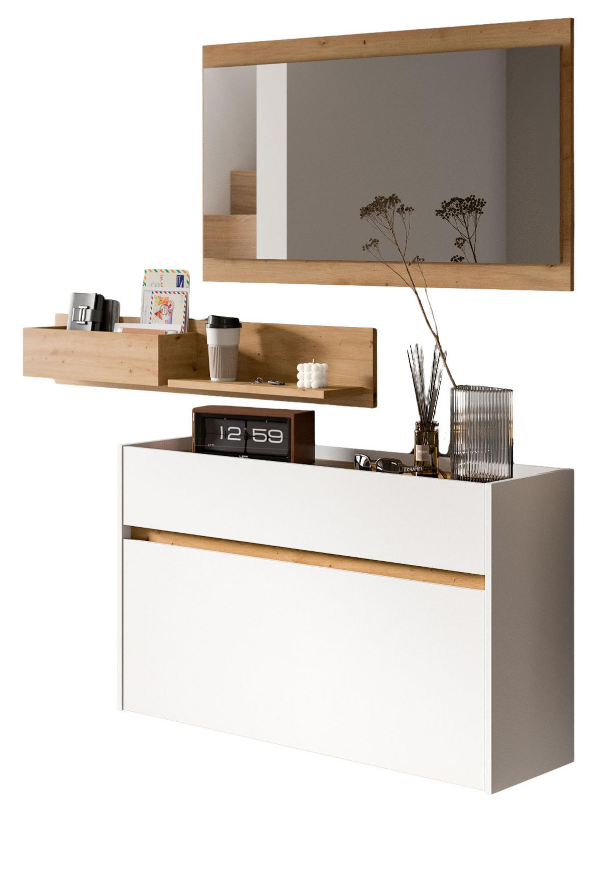 GARDEROBE-SET weiß und Artisan Eiche, Garderobe 3-teilig, 140 x 197 cm, Borga - Weiß/Eiche Artisan, Holzwerkstoff (140/197/32cm) - Inn.Furn