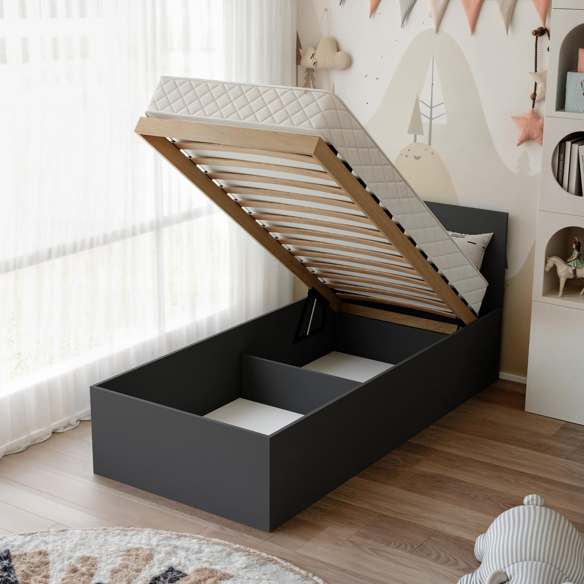 BETT SIMPLE 90/200 cm Bettkasten, ohne Matratze, Schwarz - Schwarz, Holz/Holzwerkstoff (90/200cm) - Idohome