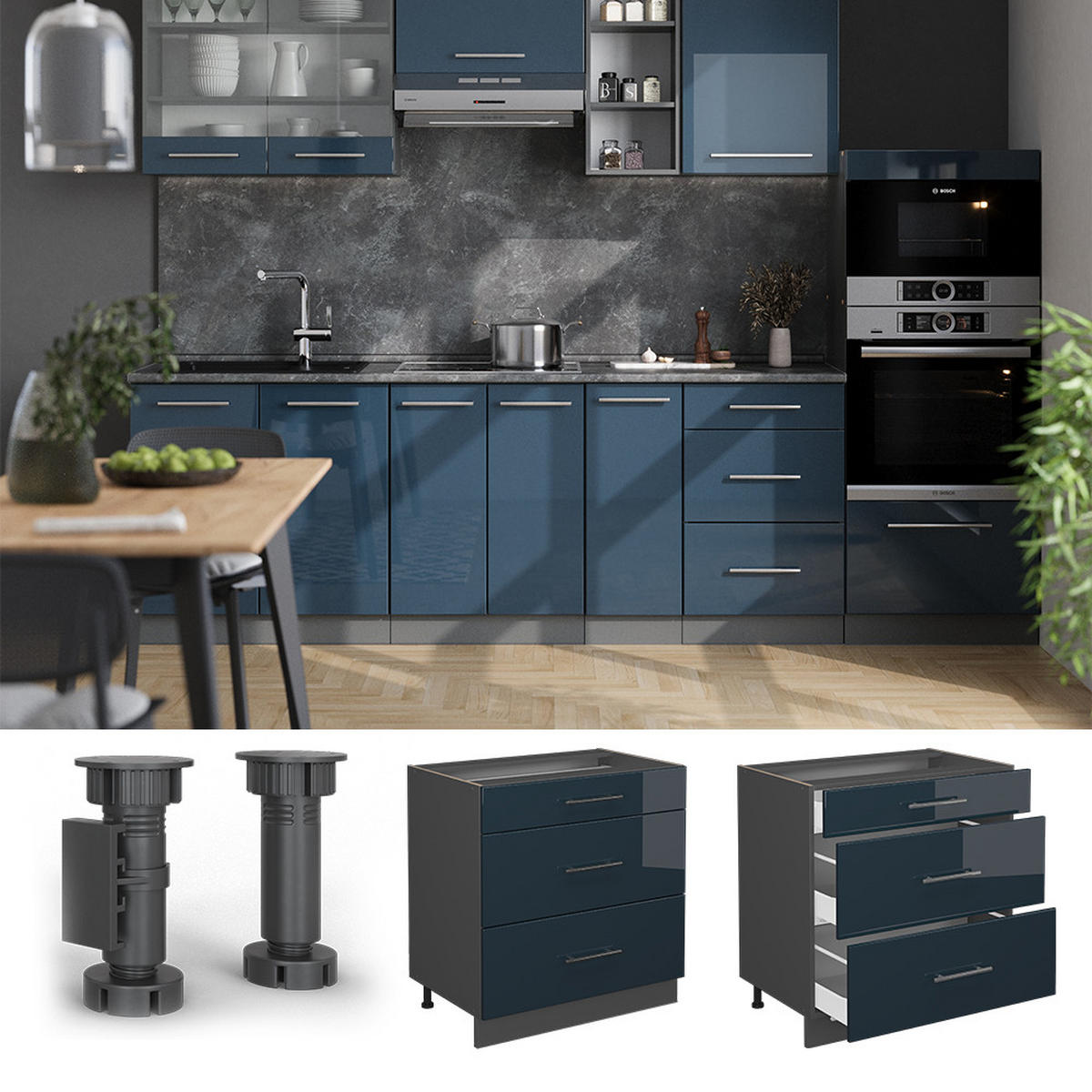 KÜCHENUNTERSCHRANK Fame-Line Dunkelblau Hochglanz 80 cm mit 3 Schubladen ohne AP - Anthrazit/Dunkelblau, Holzwerkstoff (80/82/51.6cm) - Vicco