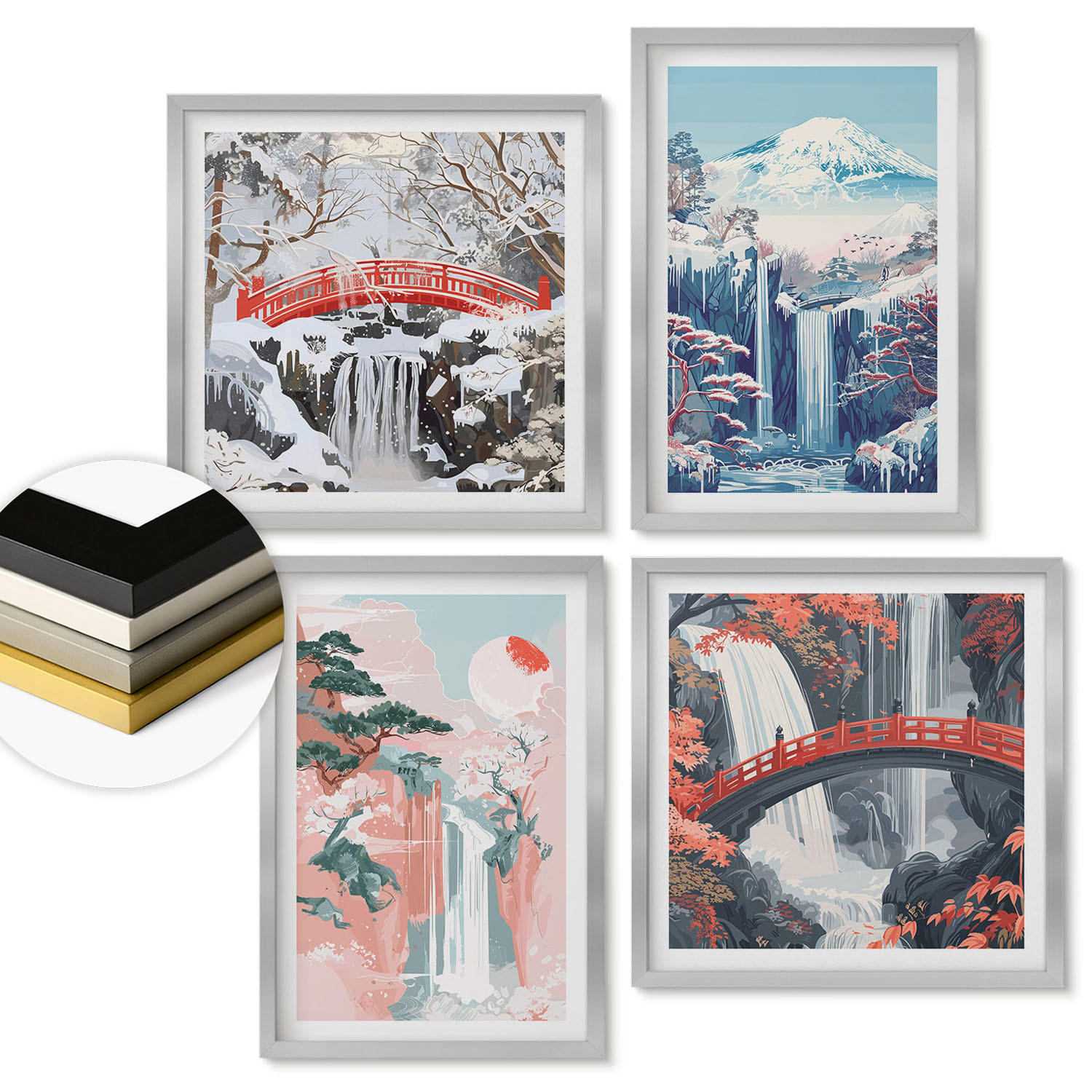 WANDBILDER 4er Set - 50x50 cm & 40x60 cm Silberner Rahmen - Wasserfälle, Berge, Brücken, Bäume - Silberfarben, Kunststoff (50/50cm) - ArtPrintCave