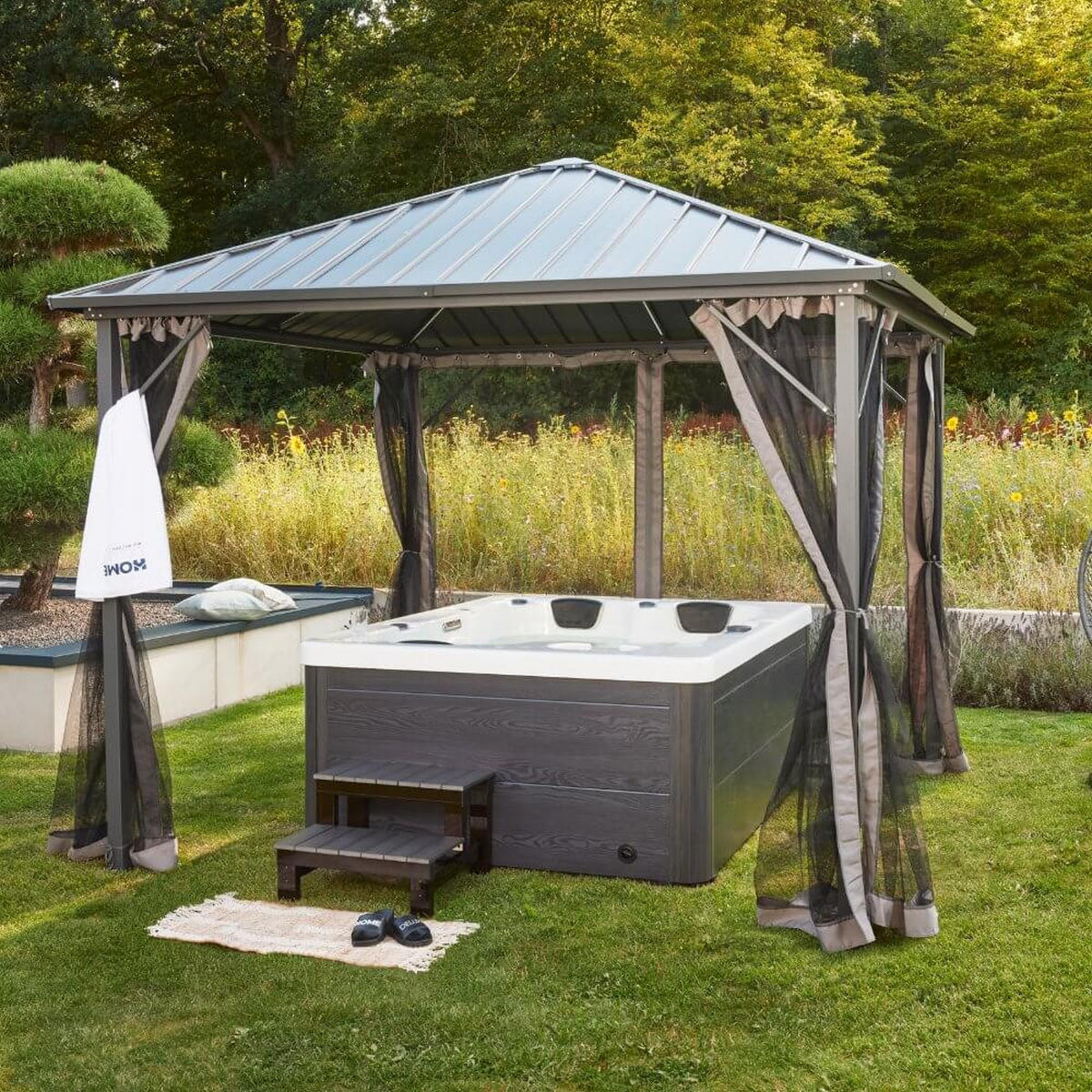 OUTDOOR Whirlpool WHITE MARBLE PURE - 210 x 160 cm für 3 Personen - Anthrazit, Kunststoff (160/80/210cm) - Home Deluxe