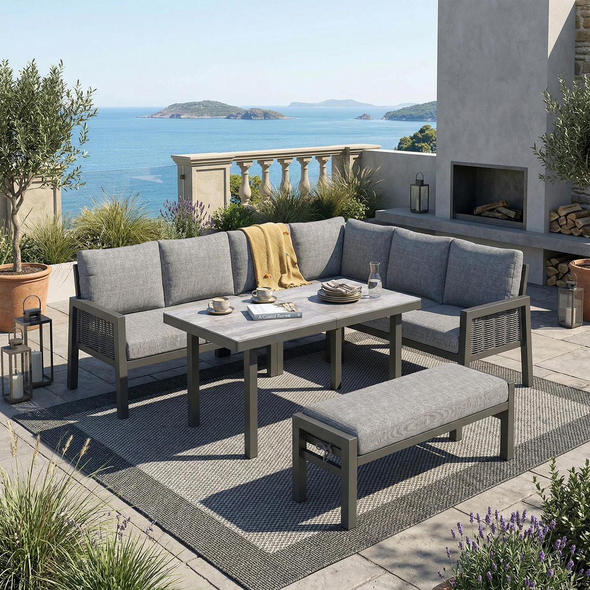 GARTEN-ESSGRUPPE 8 Personen Eckstellung Glastisch Grau - Grau, Textil - FLIEKS