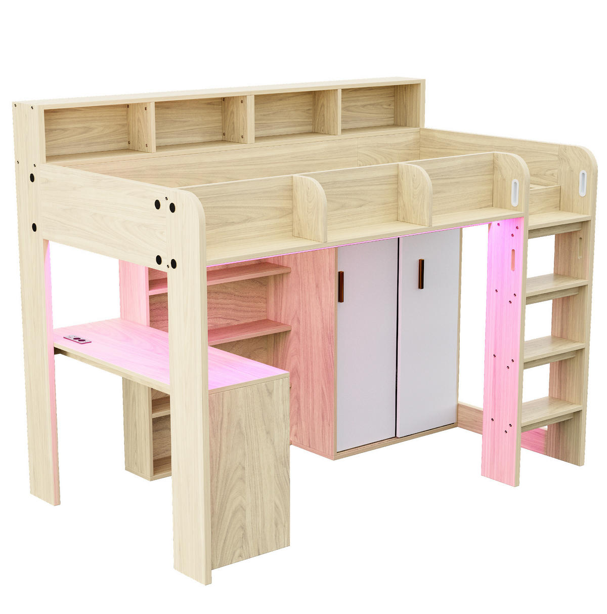 HOCHBETT aus MDF, Spanplatte und Sperrholz 90x200 cm Holzfarbe mit Schreibtisch, Kleiderschrank, LED-Beleuchtung und Steckdose - Naturfarben, Holzwerkstoff (90/200cm) - Modfu