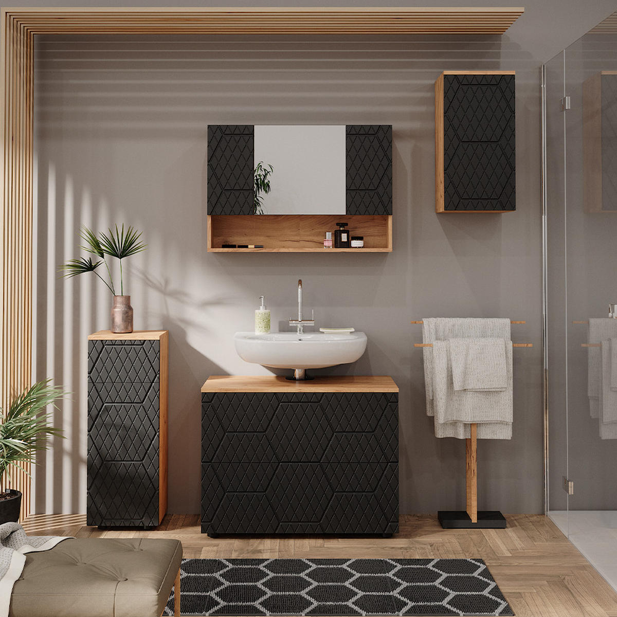 BADMÖBEL-SET Irma Anthrazit gestreift 4 Teile - Honigeiche/Anthrazit, Holzwerkstoff (80/58.6/41cm) - Vicco