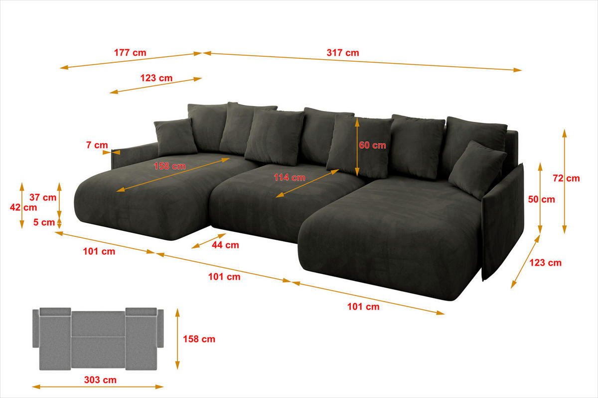 WOHNLANDSCHAFT mit Schlaffunktion und Bettkasten ONESK-U-v1 317x177x72 Schwarz Velours - Schwarz, Holzwerkstoff/Kunststoff (317/72/177cm) - ALTDECOR