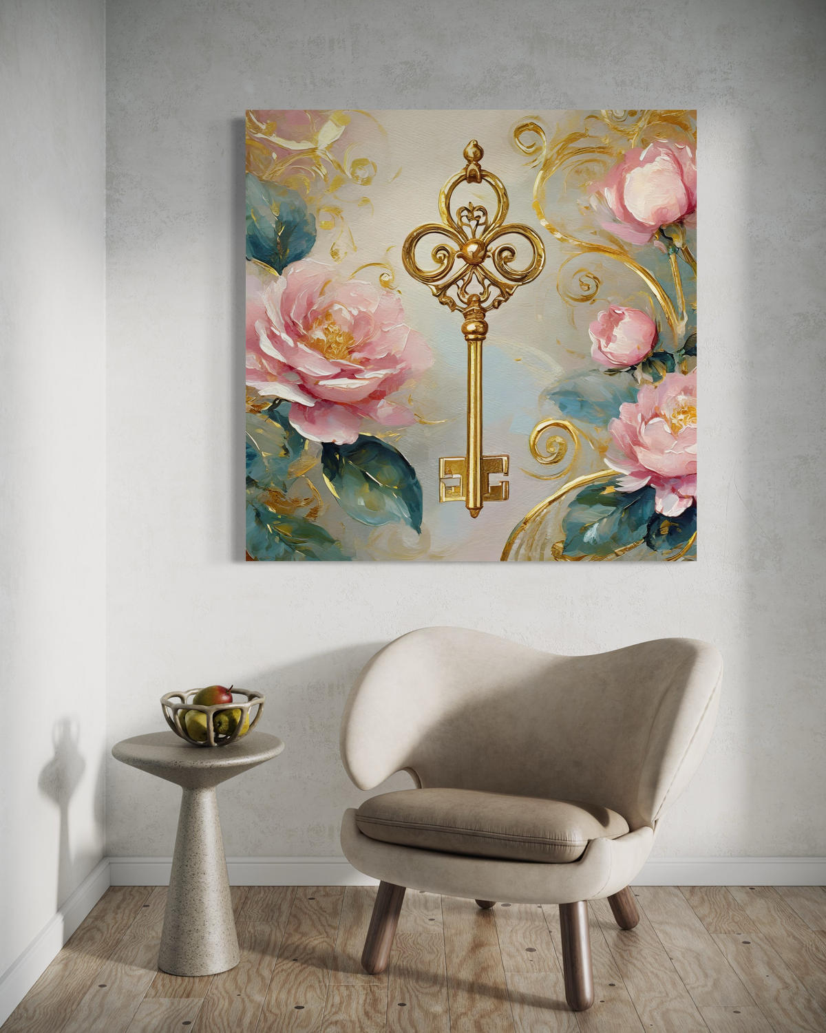 WANDBILD schlüssel gold glamour rosen - Pink, Textil (50/50cm) - Feeby