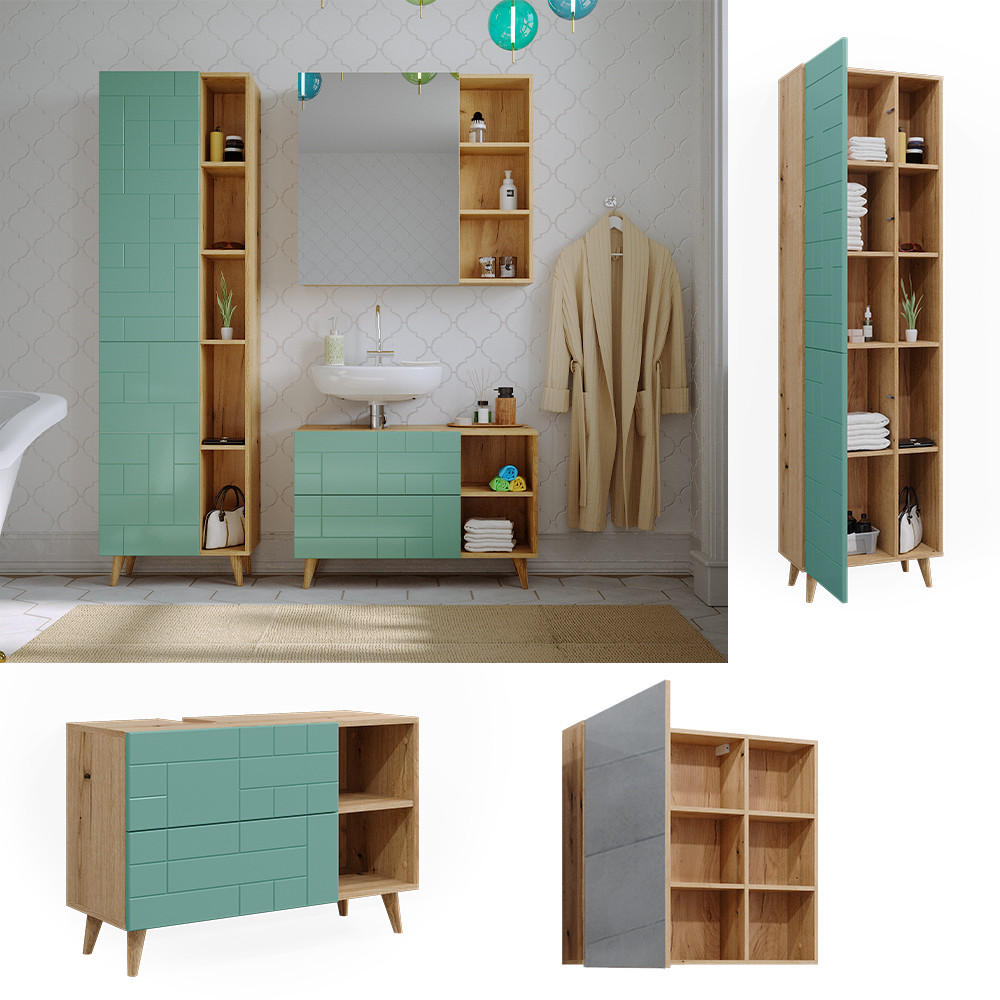 BADMÖBEL-SET Rudi Mintgrün 3 Teile, mit Hochschrank - Eichefarben/Mintgrün, Holzwerkstoff (90/59/32cm) - Vicco