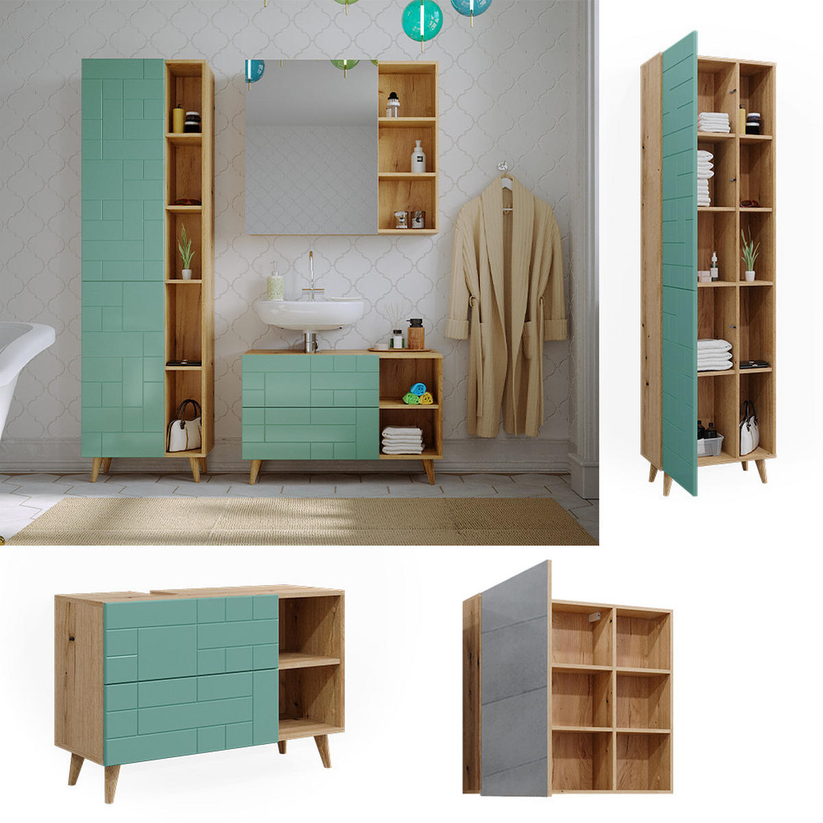 BADMÖBEL-SET Rudi Mintgrün 3 Teile, mit Hochschrank - Eichefarben/Mintgrün, Holzwerkstoff (90/59/32cm) - Vicco