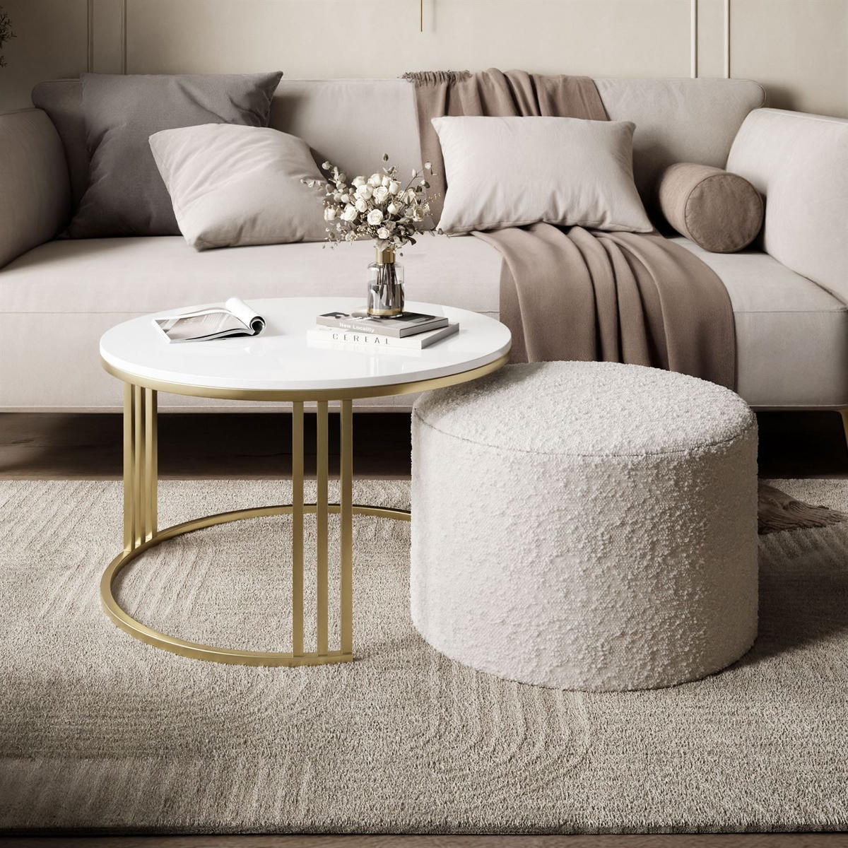 COUCHTISCH mit Hocker LORI Hochglanz gebürstetes Gold/weißer Glanz/Coral 65 - Weiß, Metall (70/70/49cm) - Lookway