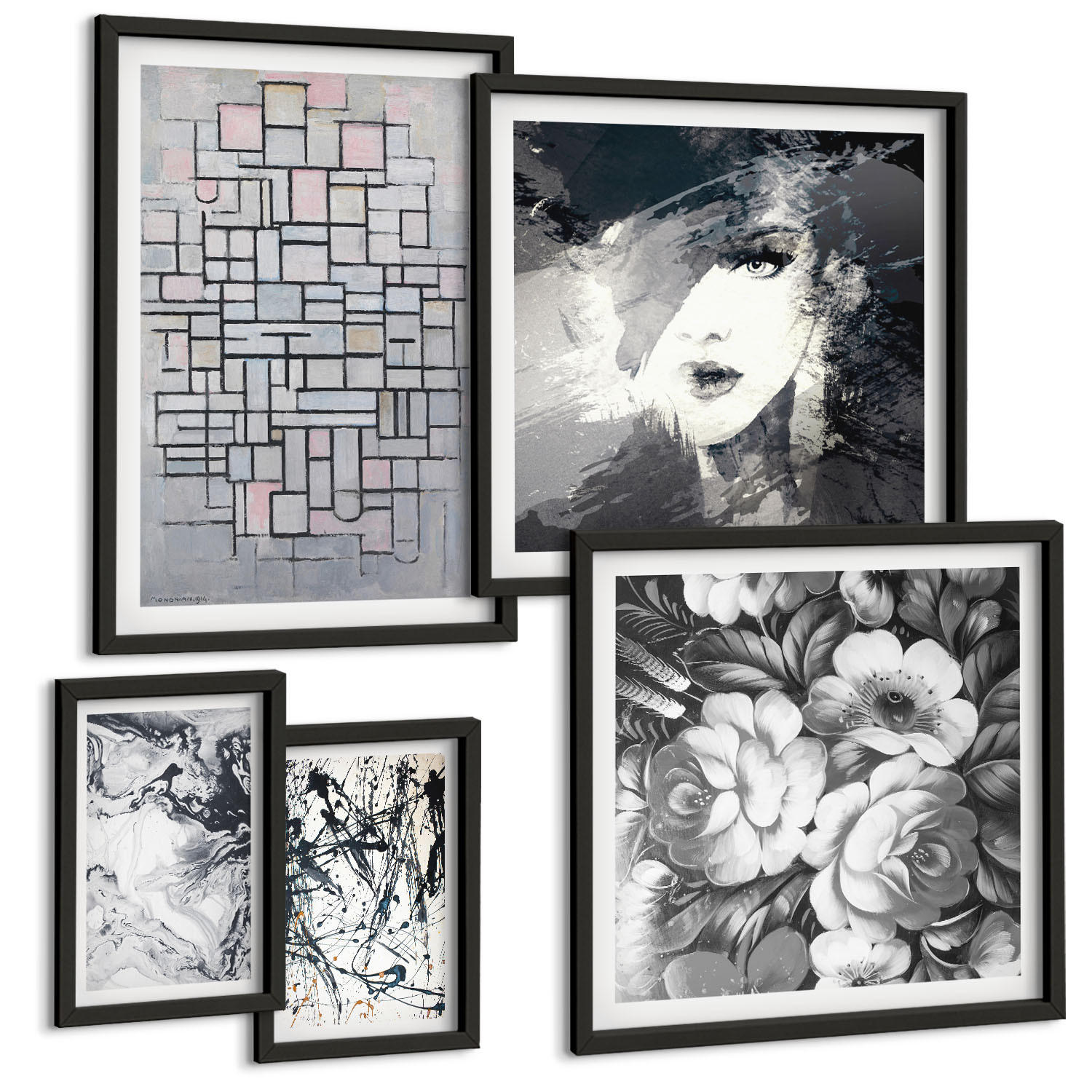 BILDER SET 5er Set - 50x50 cm & 20x30 cm & 40x60 cm Schwarzer Rahmen - Abstrakte schwarz-weiße Muster - Schwarz, Kunststoff (40/60cm) - TULUP