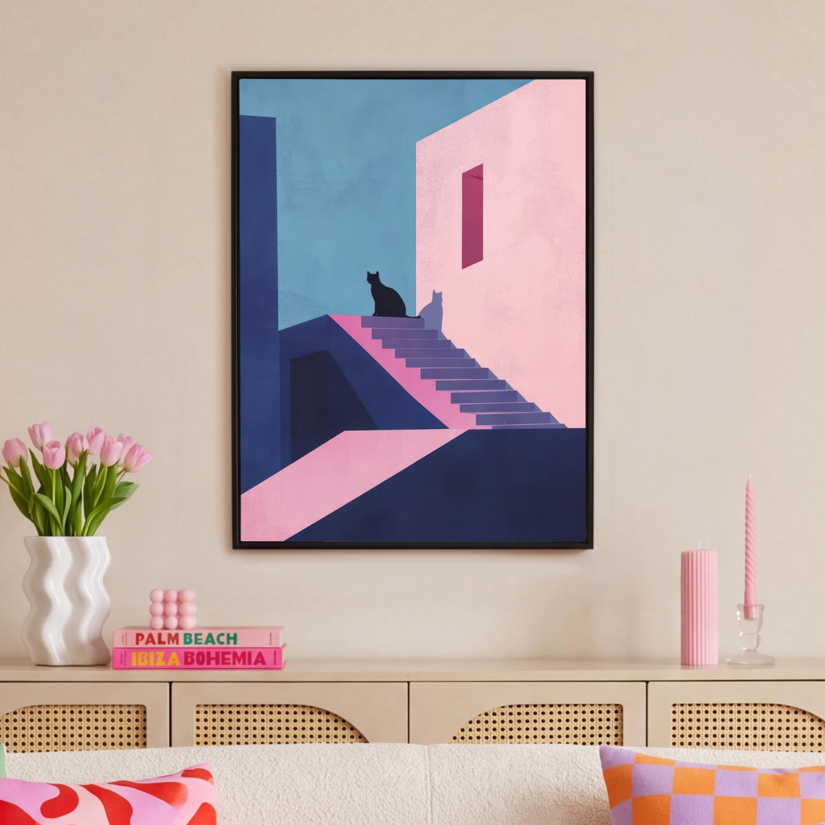 LEINWAND Bilder mit Rahmen - Katze - Treppe - Gebäude - Schattenkontraste - 70x100 - Dunkelblau, Textil (70/100cm) - MuchoWow