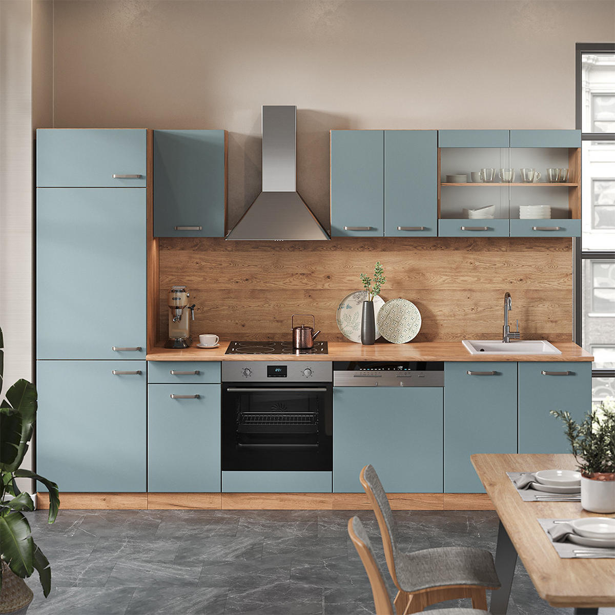 KÜCHENZEILE R-Line Blau-Grau/Goldkraft Eiche 300 cm, AP Anthrazit - Eiche Wotan/Blaugrau, Holzwerkstoff (300/81.6/60cm) - Vicco