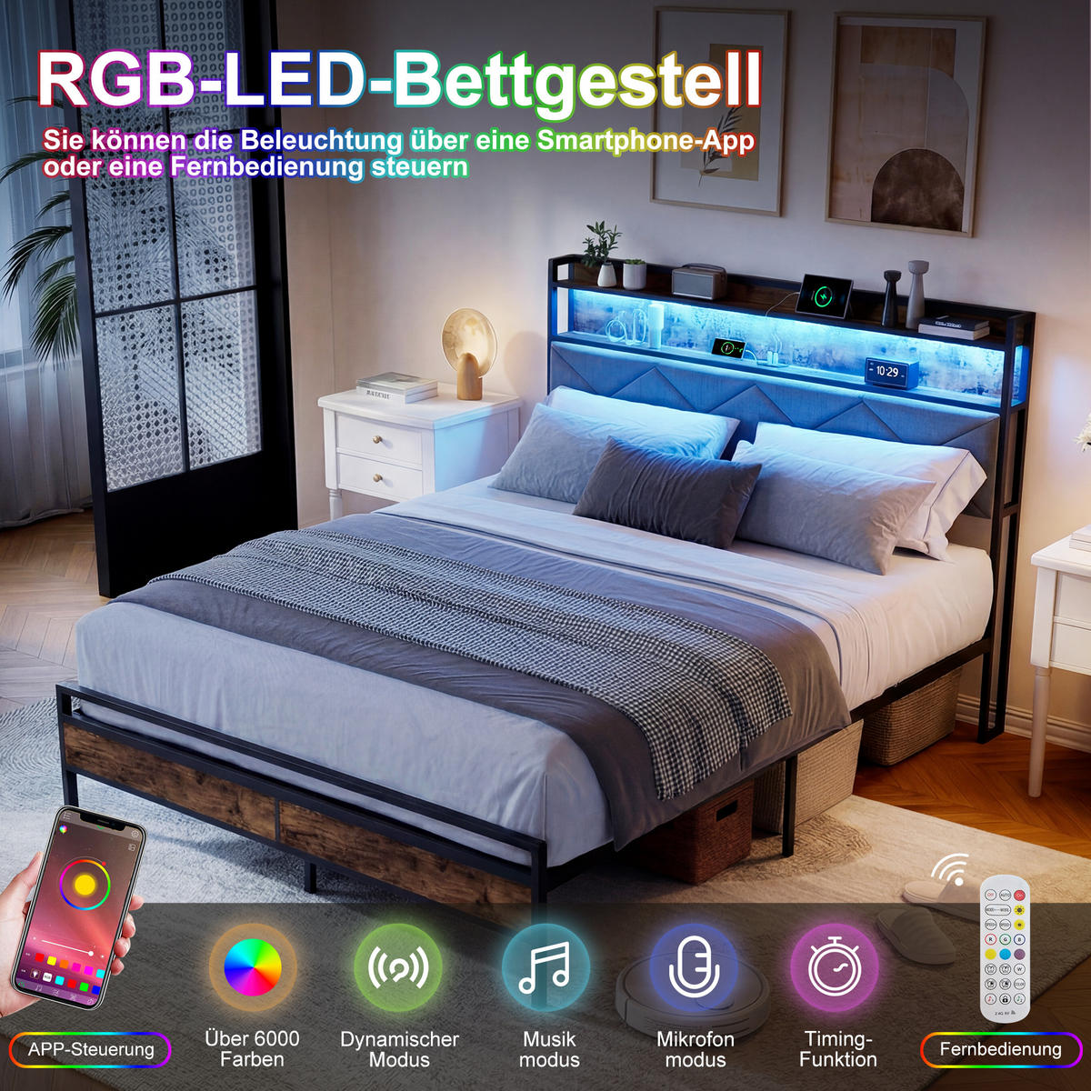 BETTGESTELL 140/200 cm grau Holz Metall mit RGB LED USB - Dunkelgrau, Holz
