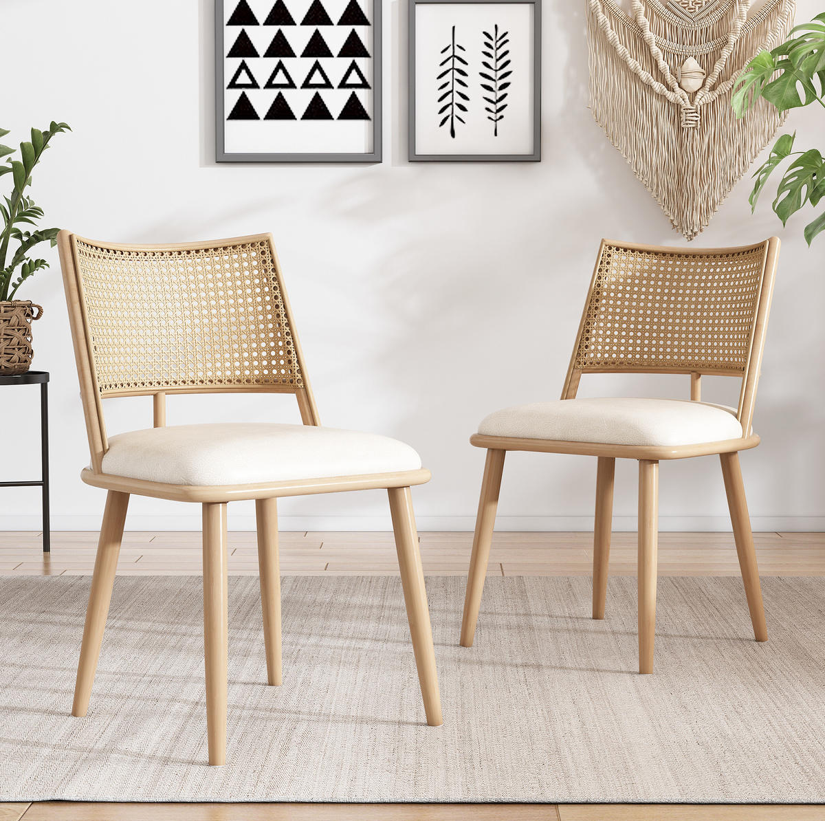 ESSZIMMERSTÜHLE 4er-Set mit PU-Sitz und Rattan-Rückenlehne Beige - Beige, Holz (46/80/48.2cm) - Meubliv