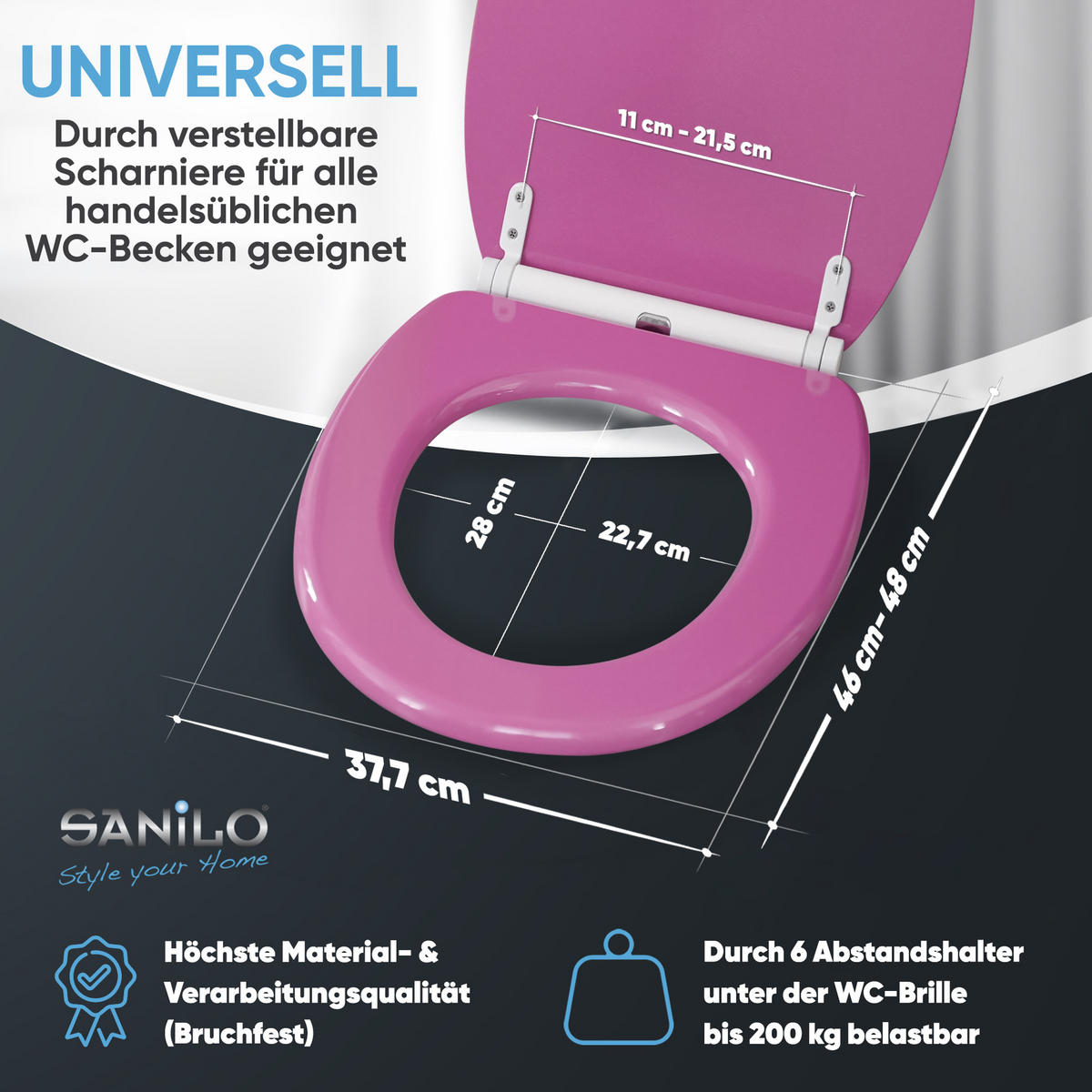 WC-SITZ mit Absenkautomatik & Top Fix Glitzer Pink - Pink, Holzwerkstoff (37.7/5.5/48cm) - Sanilo