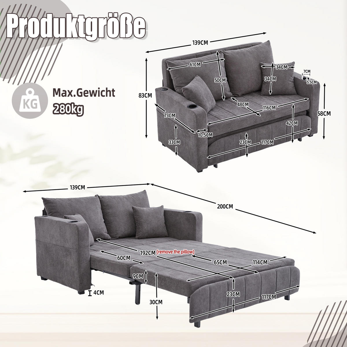 SOFA ausziehbar 139 x 83 x 58 cm Chenille Gray - Grau, Holzwerkstoff (139/83/73cm) - Meubliv