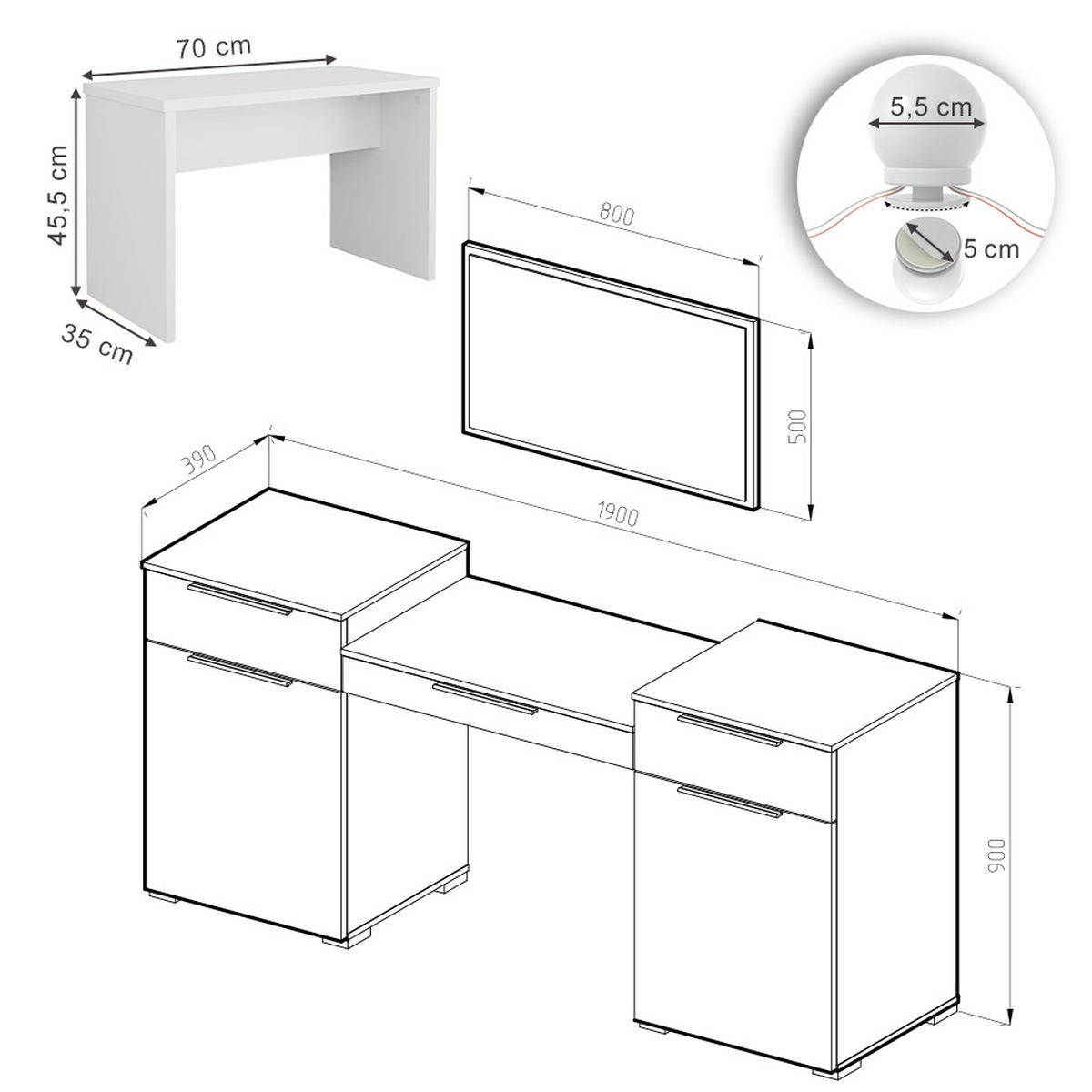 SCHMINKTISCH Lilli Weiß 190 cm mit LED Beleuchtung und Bank - Weiß, Holzwerkstoff (190/90/39cm) - Vicco