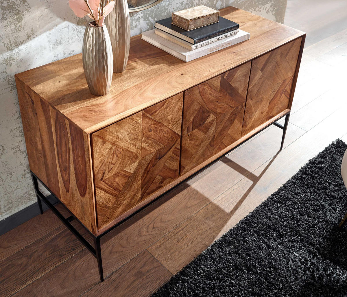 SIDEBOARD – Massivholz, 123x70x45 cm, Industrial-Stil, Stauraum - Schwarz/Braun, Holz/Metall (123/70/45cm) - KADIMA DESIGN