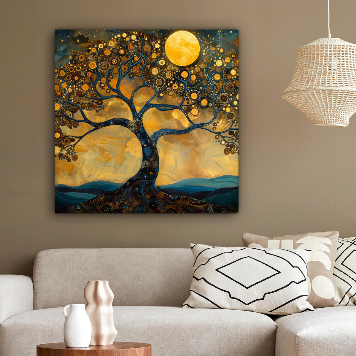 LEINWANDBILD Baum - Mond - Blumen - Gold - Kunst 90x90 cm - Orange, Textil (90/90cm) - MuchoWow