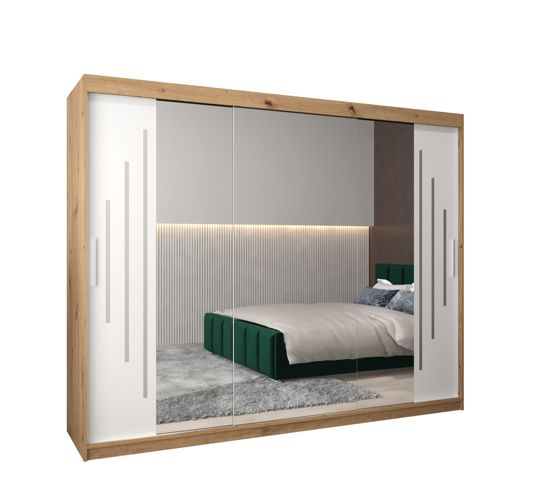 Abiks Möbel Schwebetürenschrank Eiche Artisan, Weiß 250x200x62 cm
