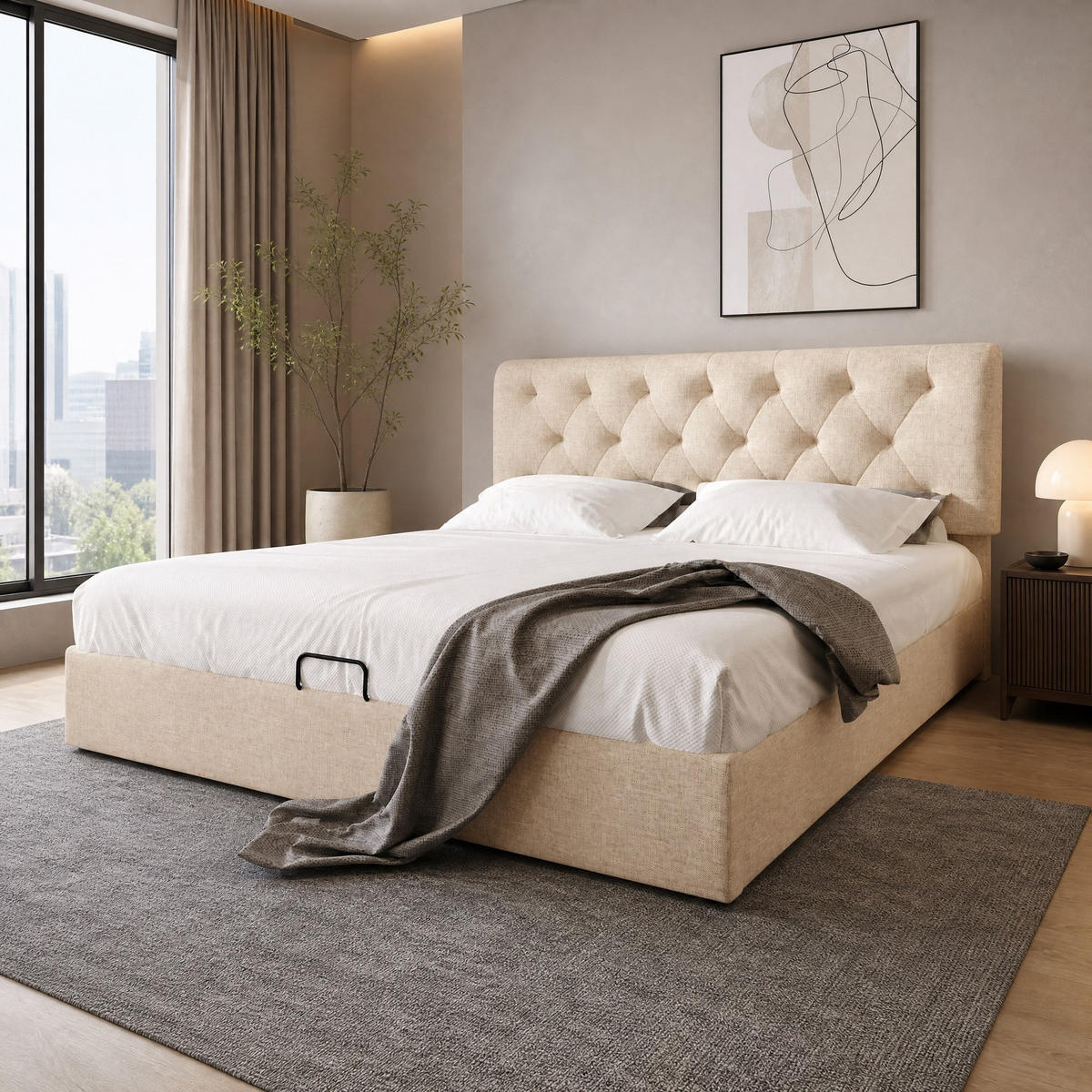POLSTERBETT 160/200 mit Matratze, Bettkasten, hydraulischem Lattenrost und verstellbarem Kopfteil in Natur - Beige, Holzwerkstoff/Textil (160/200cm) - EVRYAE