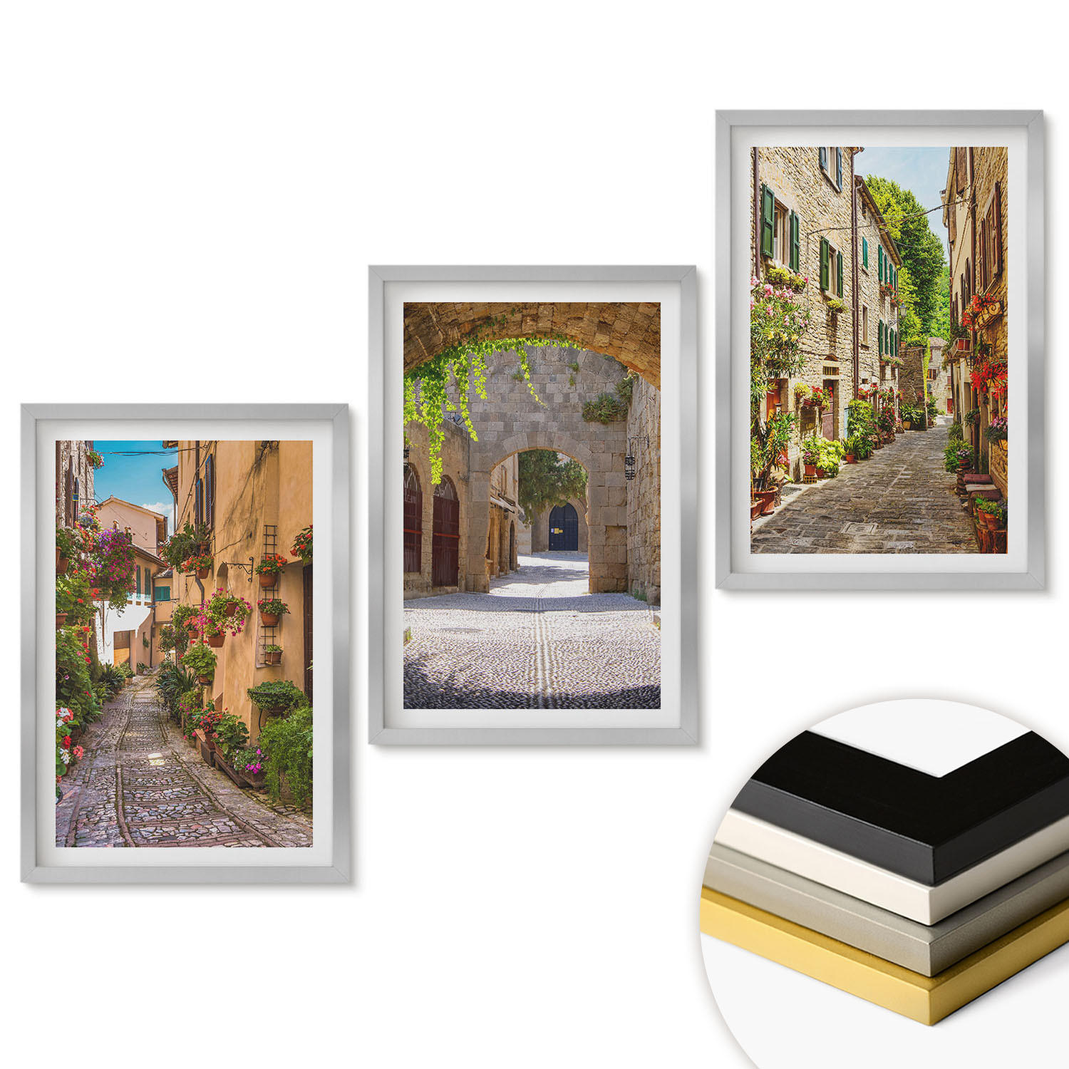 WANDBILDER 3er Set - 40x60 cm Silberner Rahmen - Italienische Straßen, Blumen, Architektur - Silberfarben, Kunststoff (40/60cm) - ArtPrintCave