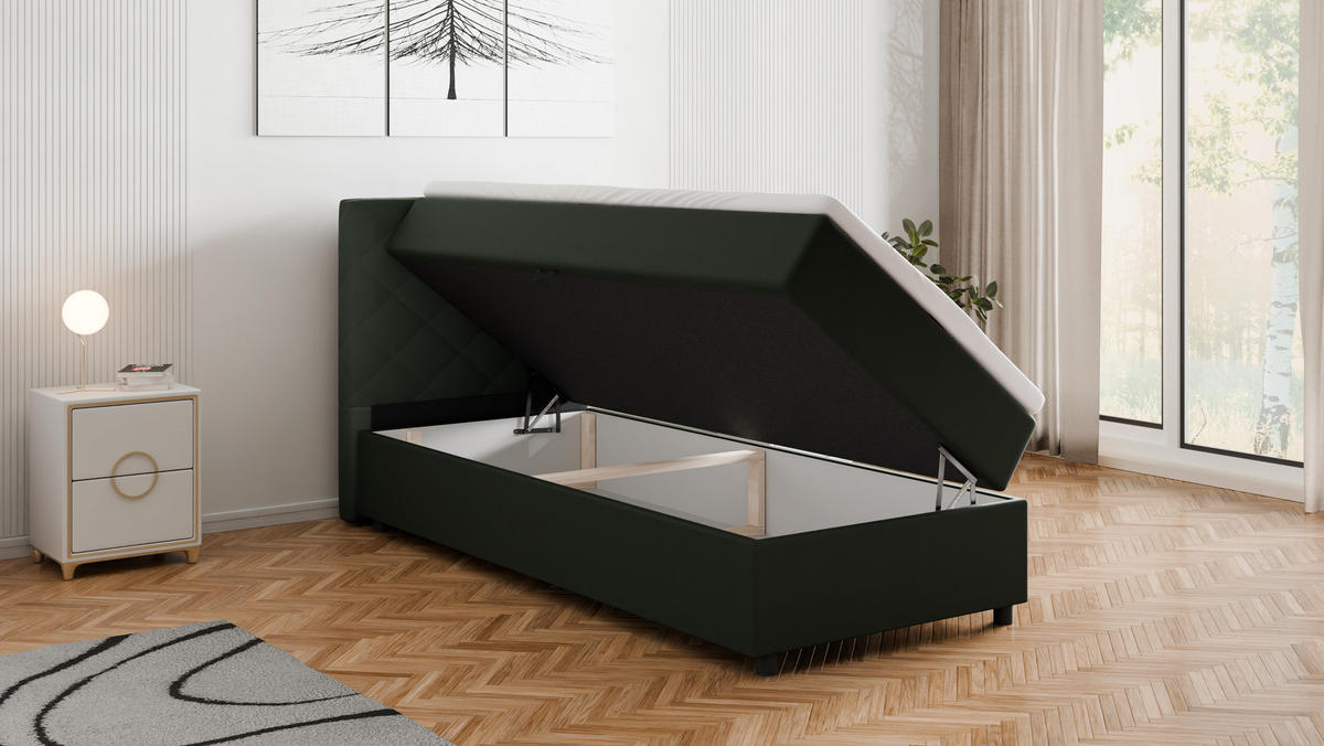 BOXBETT Diamaro 90x200 cm mit Bettkasten und Topper - Dunkelgrün - Grün, Holz (90/200cm) - Panda Möbel