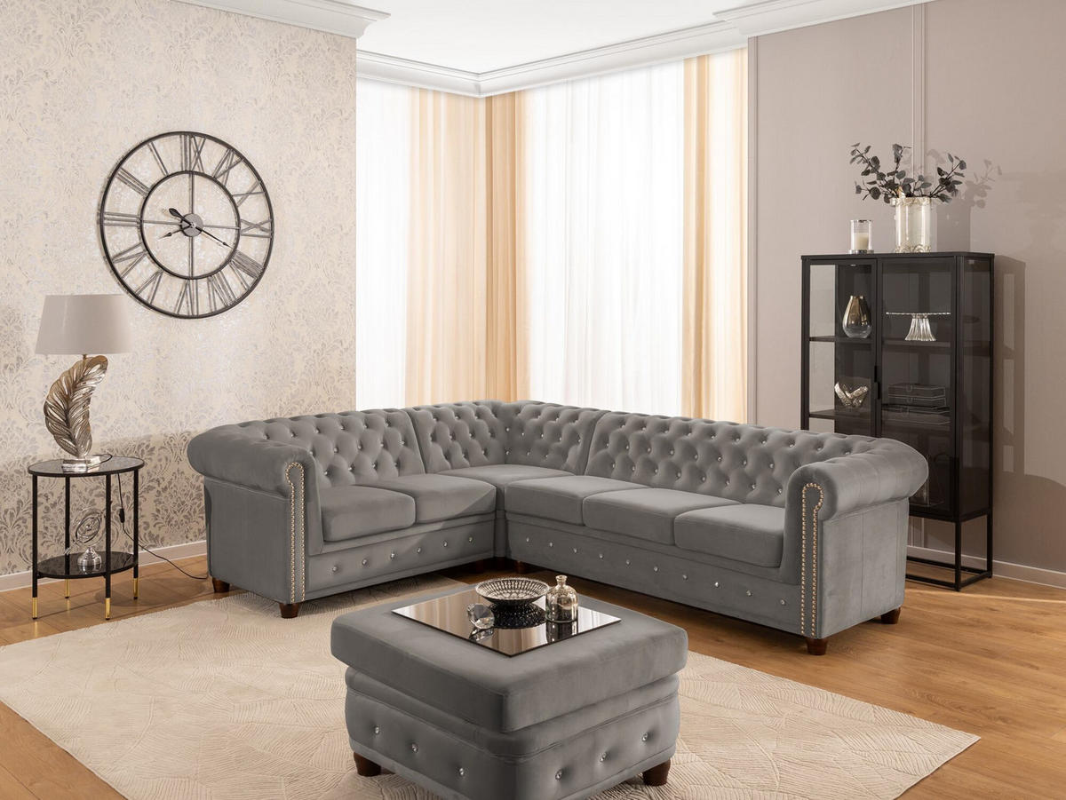 ECKSOFA Chesterfield Cleo Blink Grau Samt mit Kristallsteppung und braunen Massivholzfüßen - Ottomane Links - Braun/Grau, Holz/Textil (264/210cm) - S-Style Möbel