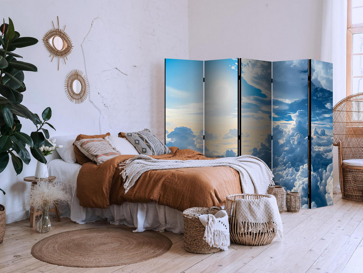 PARAVÁN Obojstranný 5-Dielny 225x172 cm Slnko Nebo a Oblaky - modrá, drevo/textil (225/172/3cm) - Muralo