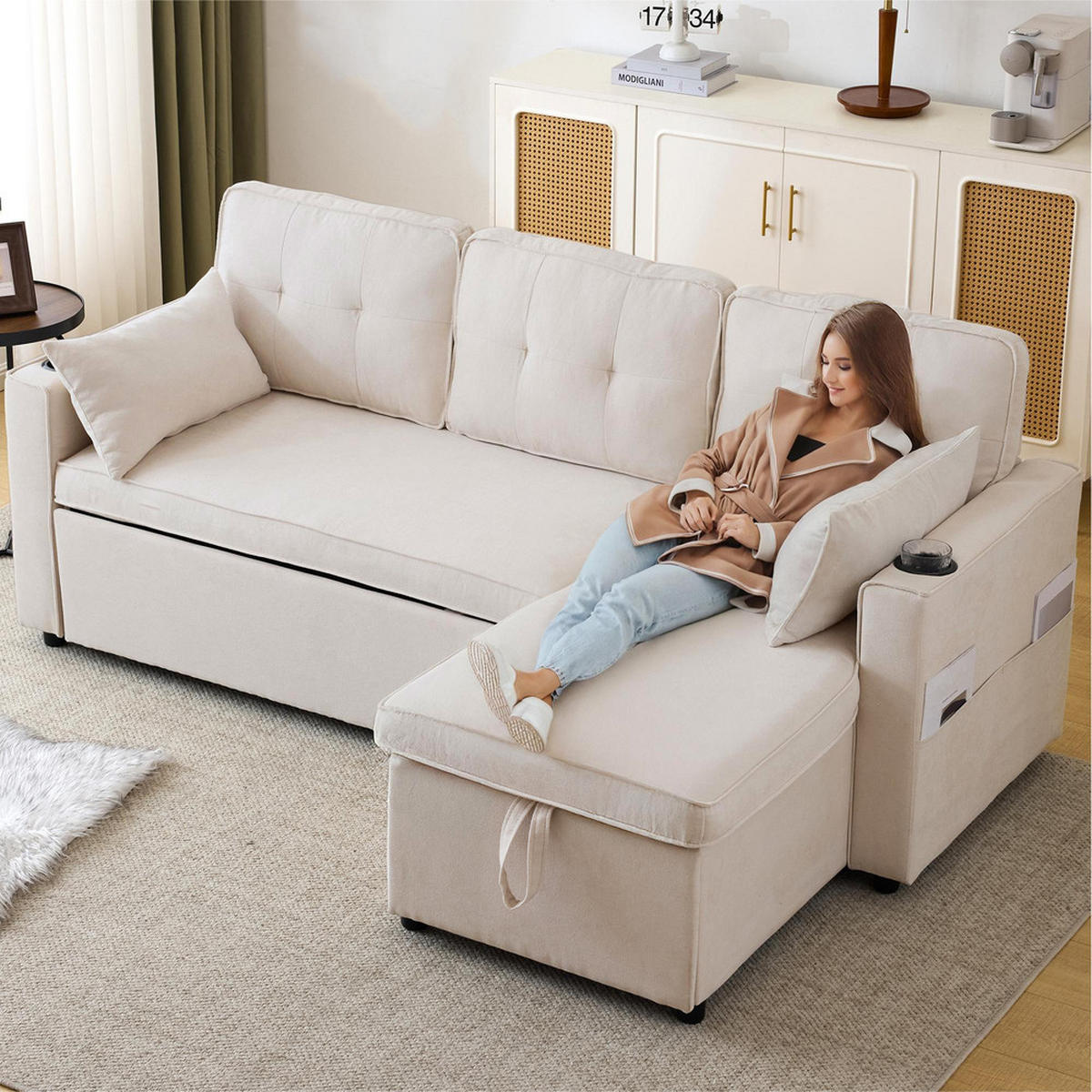 ECKSOFA L-Form Bettfunktion Stauraum Getränkehalter wechselseitig Beige - Beige, Holz (74/44/62cm) - FLIEKS