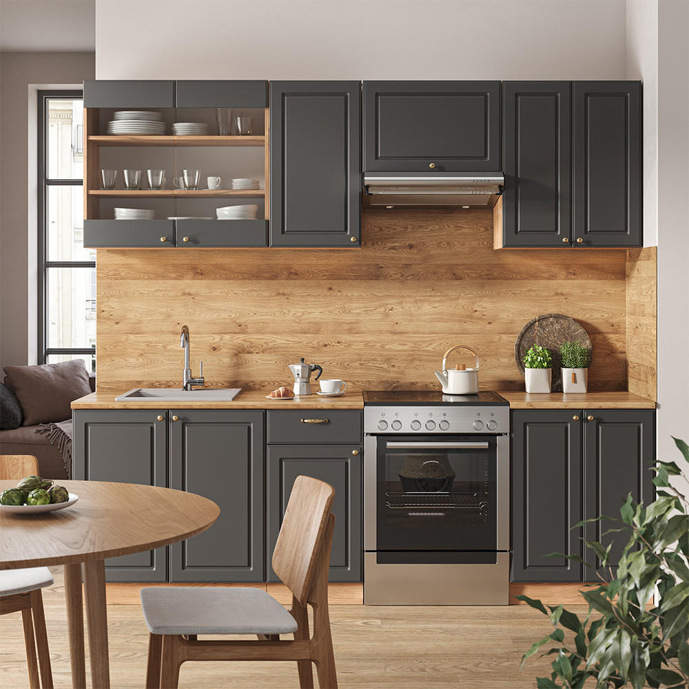 KÜCHENZEILE Fame-Line Anthrazit Landhaus/Goldkraft Eiche 240 cm AP Anthrazit - Dunkelgrau/Eiche Wotan, Holzwerkstoff (240/81.6/60cm) - Vicco