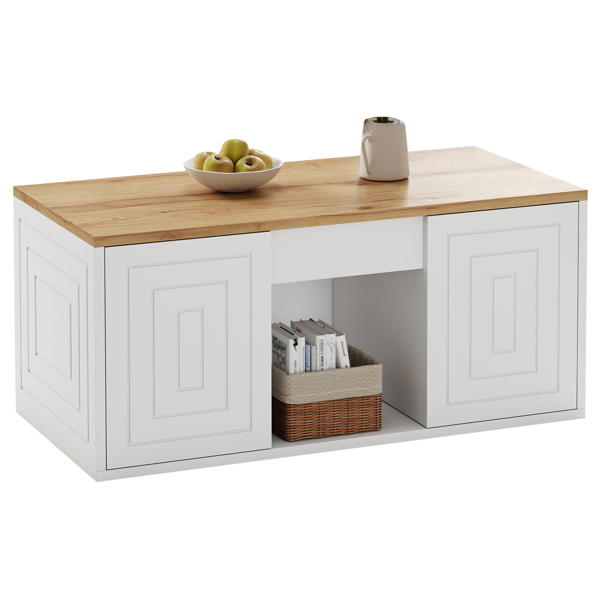 COUCHTISCH höhenverstellbar 95 x 46 x 45 cm Weiß/Natur mit Stauraum - Weiß, Holzwerkstoff (46/95/45cm) - Meubliv
