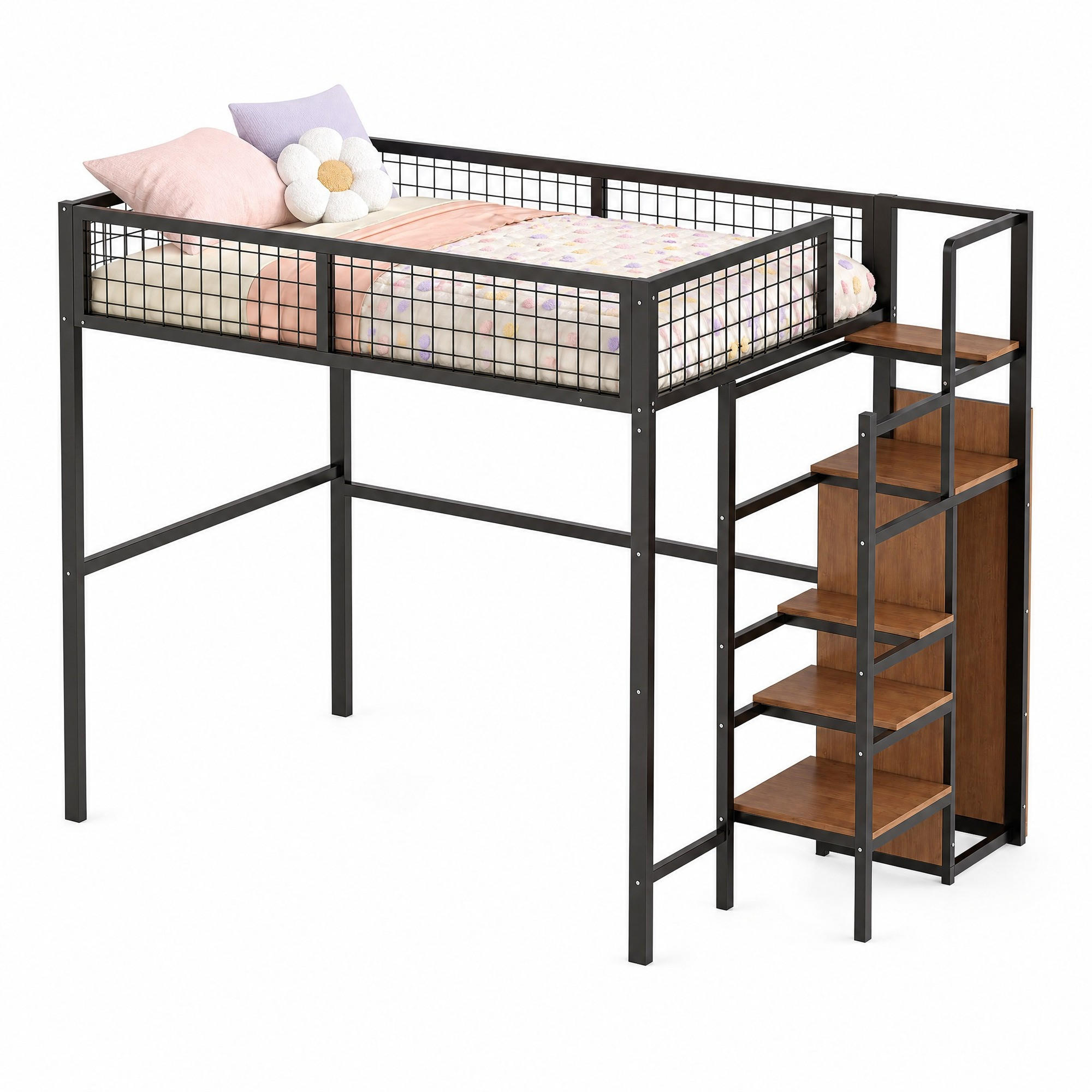 HOCHBETT 140/200 cm in Schwarz mit Leiter, Regal und Kleiderschrank - Schwarz, Holz/Holzwerkstoff (140/200cm) - CHICFURN