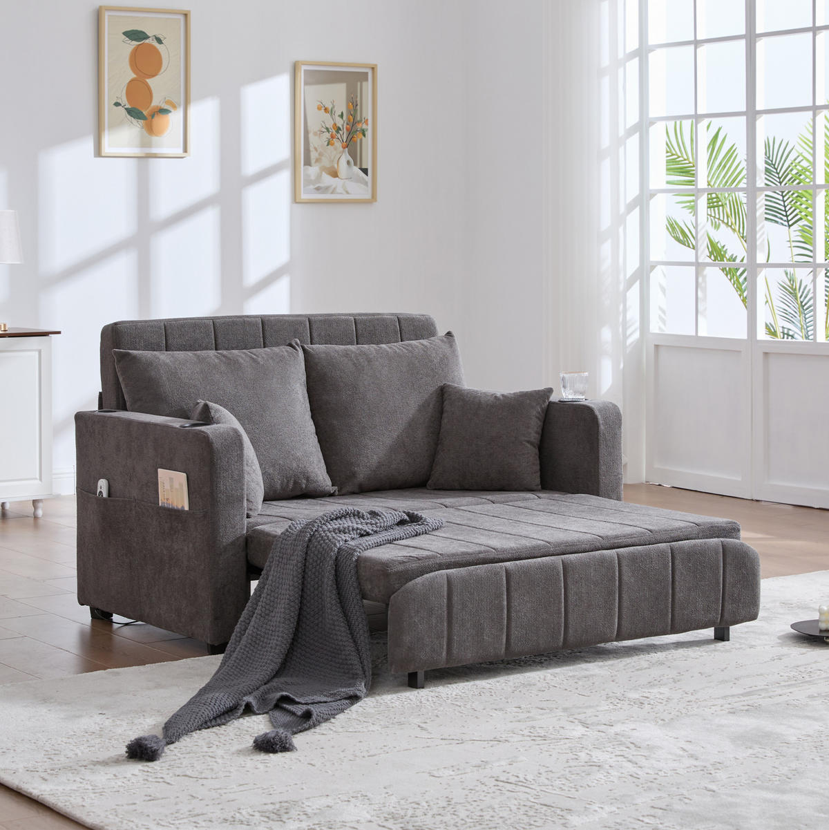 SCHLAFSOFA 136/200 cm aus Chenille mit Ausziehfunktion, Armlehnentaschen und 4 Kissen, Grau - Grau, Textil (139/83/73cm) - Redom