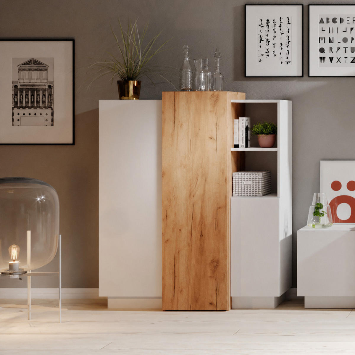 HIGHBOARD Viano E 110 cm Weiß / Eiche Craft Gold - mit 3 Türen und 2 offenen Fächern - Eichefarben/Weiß, Holz/Holzwerkstoff (110/133/45cm) - Ravio