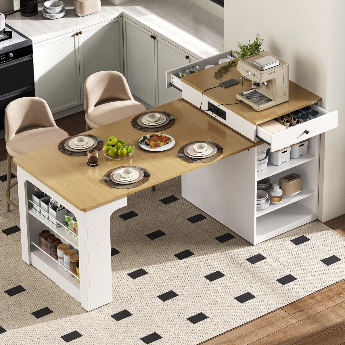 KÜCHENINSEL 80/71~111~151/92 cm Weiß/Natur aus MDF und Glas mit Ausziehfunktion - Weiß, Holzwerkstoff (80/92/71cm) - OKMYHOME