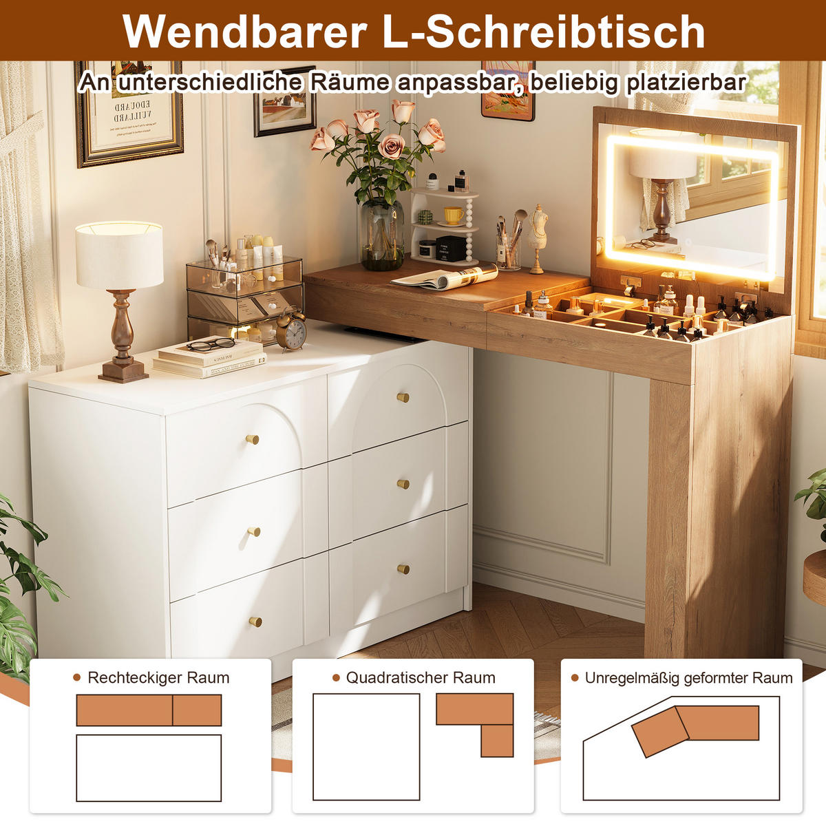 SCHMINKTISCH Drehbar LED Beleuchtung Weiß Holzoptik - Multicolor, Holzwerkstoff (105/80/40cm) - FLIEKS