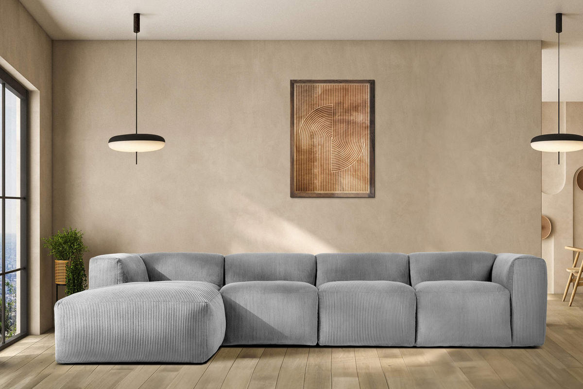 ECKMODULSOFA-RECHTS BUFFO 6-Sitzer mit extrem weicher Sitzfläche, Kordstoff, hellgrau - Hellgrau, Textil (377/180cm) - KONSIMO®